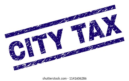 CITY TAX seal print with distress style. Blue vector rubber print of CITY TAX text with dirty texture. Text caption is placed between parallel lines.