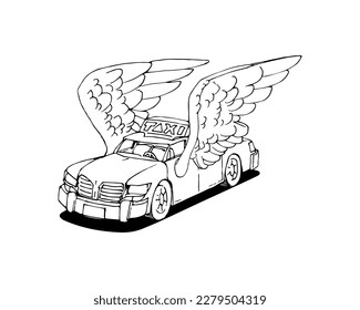 A city taxi with bird wings. Fast transportation. Vector illustration with black ink contour lines isolated on a white background in a cartoon and hand drawn style.