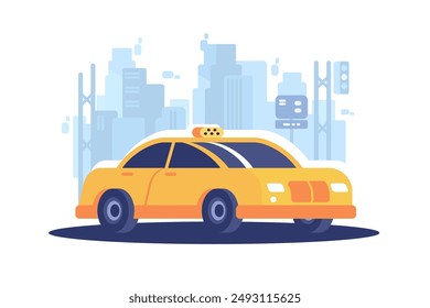 In: City Taxi Cab. Vektorillustration eines gelben Taxis in einer städtischen Umgebung.