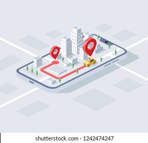 Iometría de la aplicación del dispositivo de taxi urbano 3d Ilustración del vector