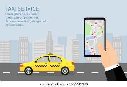 City Taxi Mobile Service of Urban cityscape with taxi cab and smartphone taxi service application.