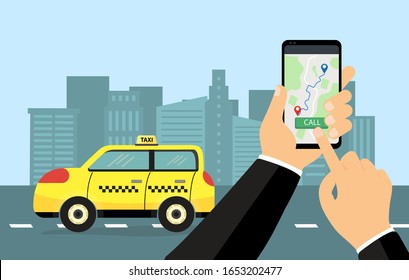 City Taxi Mobile Service.Yellow Car Sedan on Cityscape. Modern Smartphone in Arm with Route Gps Destination Point on Map.