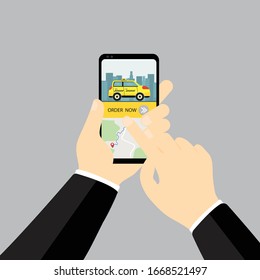 City Taxi Mobile Service.Yellow Car Sedan on Cityscape. Modern Smartphone in Arm with Route Gps Destination Point on Map.