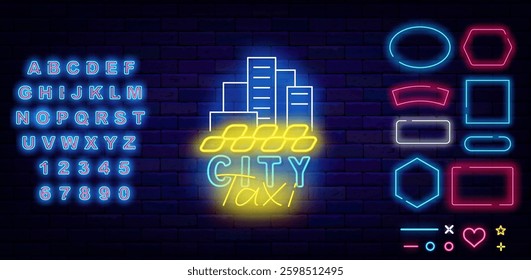 City taxi neon label. Public auto transportation. Shiny blue alphabet. Vector stock illustration