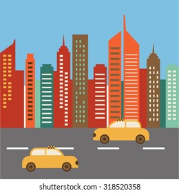 city taxi on a background of buildings and homes