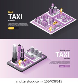 City taxi online booking service 2 horizontal isometric banners web page 3d map black lilac vector illustration 