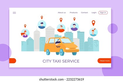 City taxi online web application website banner, template landing webpage mobile app flat vector illustration, isolated on pink.