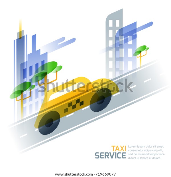 City taxi service concept. Vector\
illustration of taxi yellow cab on asphalt road against cityscape.\
Street traffic and city transport design\
elements.