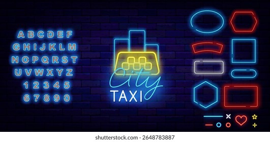 City taxi service neon label. Geometric frames collection. Public auto transportation. Vector stock illustration