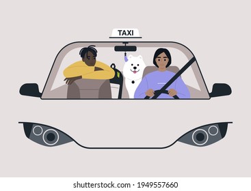 City taxi service, two characters and a dog riding a car, a windshield view