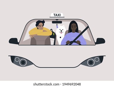 City taxi service, two characters and a dog riding a car, a windshield view