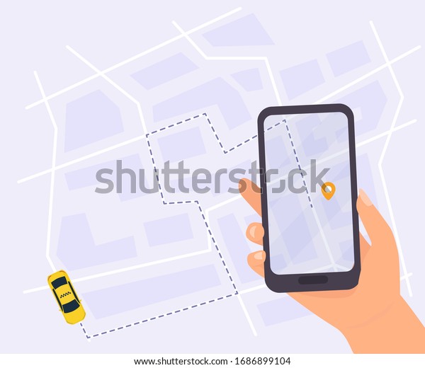 City taxi service vector illustration.\
Hand holding smartphone with taxi app. Tracking system with yellow\
car and destination point on city map, top view.\
