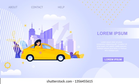 Página de Aterrizaje de Transporte de Taxi Ciudad. Ilustración del servicio Carpool. Solicitud en línea para vehículo de alquiler. Tejido amarillo con personaje femenino. Solución Urbana de Paisaje y Transporte. Viaje moderno en Camión.