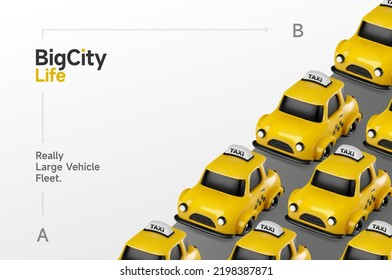 City taxi vehicle fleet 3d vector graphics. Yellow Cabs on light background banner template