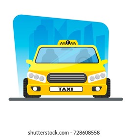 city taxi, yellow car on city background, flat vector