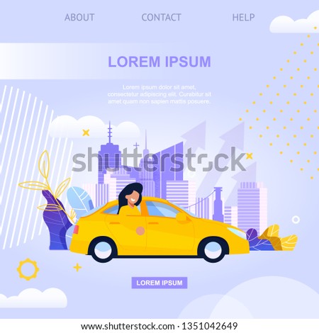 City Taxy Square Banner Flat Illustration. Urban Street Transportation Solution Service. Woman Cartoon Character on Back Sit of Sedan. Mobile Application landing Page for Cab Transport.