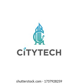 City tech logo design, urban vector, town illustration, technology sign.