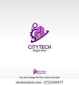 City Tech Logo Template Design Vector. Buildings combined with a gear icon representing urban technology, industrial innovation, and modern infrastructure development.