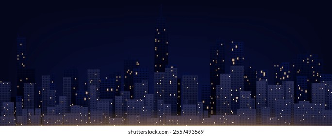 City tech skyline with urban silhouettes illuminated by glowing lights in windows. Modern metropolis panorama with skyscrapers on deep blue night sky. Abstract futuristic technological background.