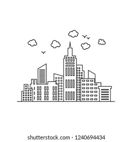 City template. Thin line City landscape. Downtown with high skyscrapers. Vector illustration background.