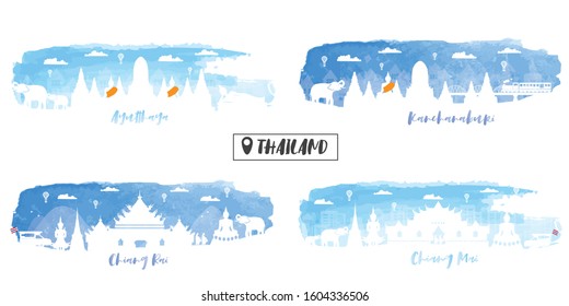 City of Thailand in water color set postcard of world famous landmarks in paper cut style vector illustration 