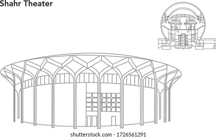 The City Theater is a performing arts complex in Tehran, the capital of Iran. 
Line art vector building plan and architecture drawing