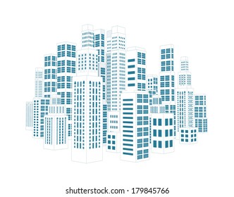 City with three-dimensional buildings and skyscrapers. Vector illustration on white background