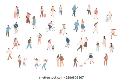 City tiny people silhouette crowd background characters. Male and female vector set isolated on white background.