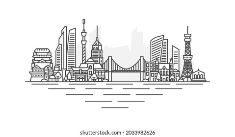 City of Tokyo, Japan architecture line skyline illustration. Linear vector cityscape with famous landmarks, city sights, design icons, with editable strokes isolated on white background.