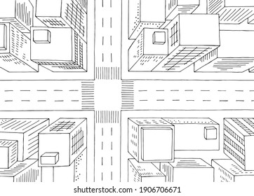 City Top View From Above Aerial Crossroad Street Graphic Black White Sketch Illustration Vector