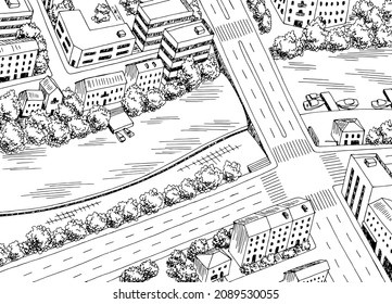 City Top View From Above Aerial Crossroad Street Graphic Black White Sketch Illustration Vector 