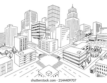 City top view from above aerial crossroad street graphic black white sketch illustration vector 