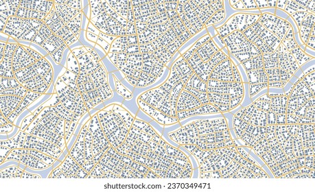 Vista superior de la ciudad. Vista desde arriba de los edificios del mapa. Vista desde arriba de los edificios del mapa. Vista detallada de la ciudad. Mapa turístico gráfico decorativo. Resumen de los antecedentes del transporte. Vector, ilustración.