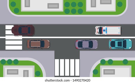 City top view building map vector landscape. Road with car, tree, roof, grass. Sidewalk flat traffic urban pedestrian. Highway illustration town intersection crossroad. Scene way vehicle metropolis