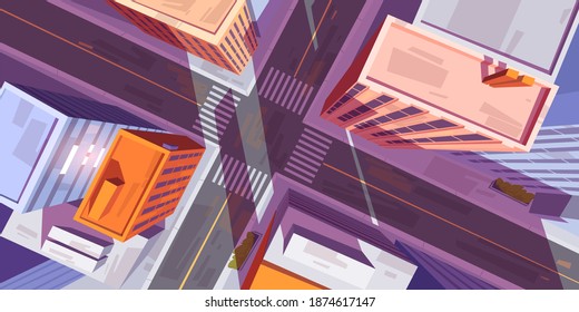 City top view with buildings and car road intersection with pedestrian crosswalk. Vector cartoon illustration of cityscape in aerial view, street crossroad, sidewalk and roofs of urban houses