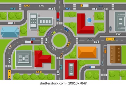 City top view. Cars, roads, houses, streets top view. View town infrastructure. Streets, houses, buildings, roads, crossroads, trees, cars.