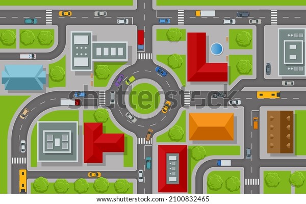 City top view. Cars, roads, houses, streets\
top view. View town infrastructure. Streets, houses, buildings,\
roads, crossroads, trees,\
cars.