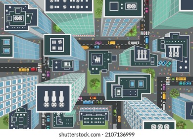 City Top View. Realistic Perspective. Streets, Houses, Buildings, Roads, Crossroads, Trees, Cars, People. (view From Above)
