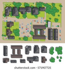 City Of A Top View From The Rooftops, Trees, Cars, Highways, Town Street, Grass, Houses And Parks. Plan City.