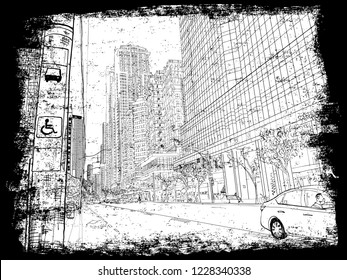 City of Toronto architecture in Canada. Summer street scape. Hand drawing of the famous tourist Young street illustration. Cityscape with down town business landmarks, sights and skyscrapers. Vector.