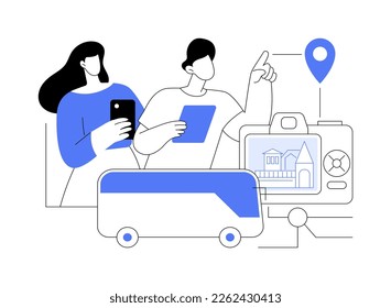 City tour abstract concept vector illustration. City tourist excursion group, modern urban tourism, sightseeing with guide, double decker bus, vacation, old town, taking photos abstract metaphor.