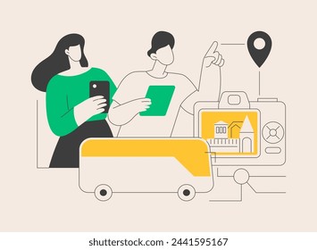 City tour abstract concept vector illustration. City tourist excursion group, modern urban tourism, sightseeing with guide, double decker bus, vacation, old town, taking photos abstract metaphor.