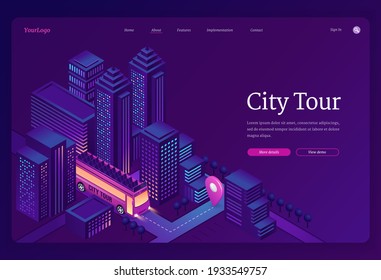 City tour banner. Travel and sightseeing by double decker bus in town. Vector landing page of group tourism and trip with isometric illustration of excursion bus on city street