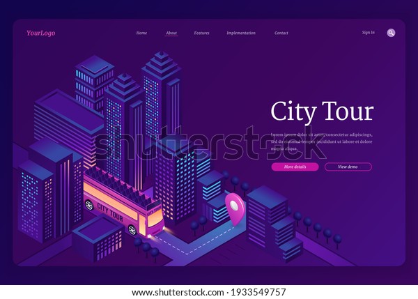City tour\
banner. Travel and sightseeing by double decker bus in town. Vector\
landing page of group tourism and trip with isometric illustration\
of excursion bus on city\
street