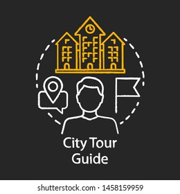 City tour guide chalk icon. Tours organisation. Travel and exploring attractions. Excursion, sightseeing. Touristic agency service. Trip advisor. Isolated vector chalkboard illustration