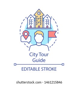 City tour guide concept icon. Tours organisation idea thin line illustration. Excursion, sightseeing. Touristic agency service. Trip advisor. Vector isolated outline drawing. Editable stroke