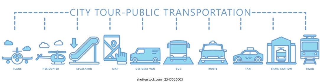 Excursão urbana, bandeira de ícone azul de transporte público. contém avião, escada rolante, van, ônibus, mapa, helicóptero, trem, táxi e muito mais. Vetor EPS 10. para impressão, UI ou UX kit, web e desenvolvimento de aplicativos.