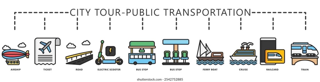 Excursão urbana, transporte público cor linha ícone banner. contém dirigível, estrada, parada de ônibus, cruzeiro, trem, bilhete, scooter, cartão e muito mais. Vetor EPS 10. para impressão, UI ou UX kit, web e desenvolvimento de aplicativos