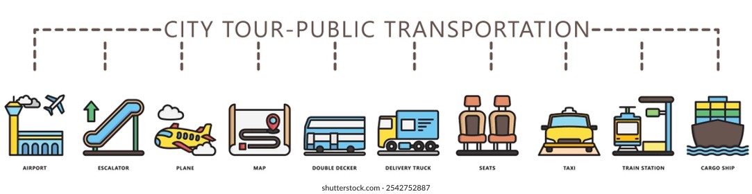 City tour, public transportation color line icon banner. contain ship, seat, escalator, truck, airport, map, bus, taxi, train and more. Vector EPS 10. for print, UI or UX kit, web and app development