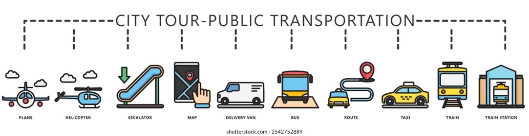 Tour pela cidade, faixa de ícone de linha colorida de transporte público. contém avião, escada rolante, van, ônibus, mapa, helicóptero, trem, táxi e muito mais. Vetor EPS 10. para impressão, UI ou UX kit, web e desenvolvimento de aplicativos.